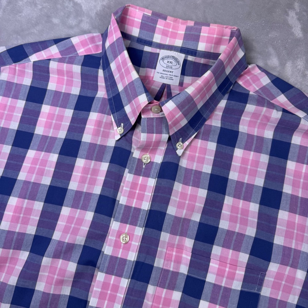 Brooks Brothers Regent XXL Pink Navy Plaid Short Sleeve Button Down Cotton Shirt
